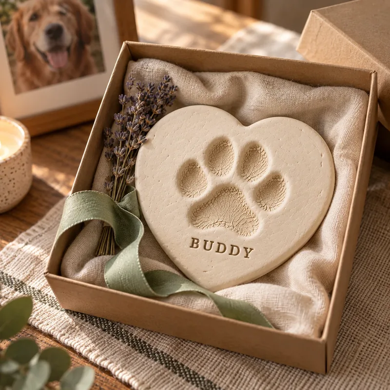 Clay memorial paw print keepsake in a gift box