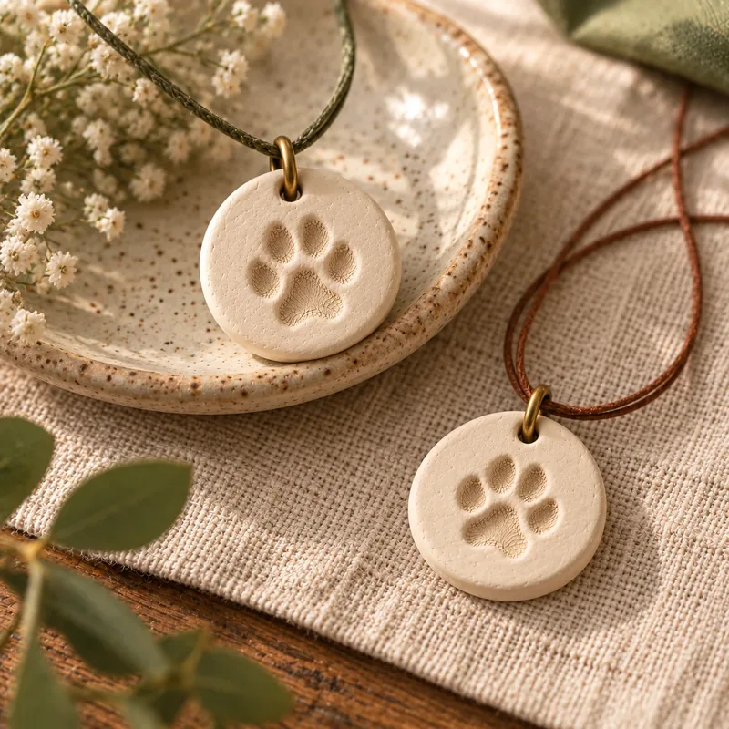 Clay paw print pendant on a cord