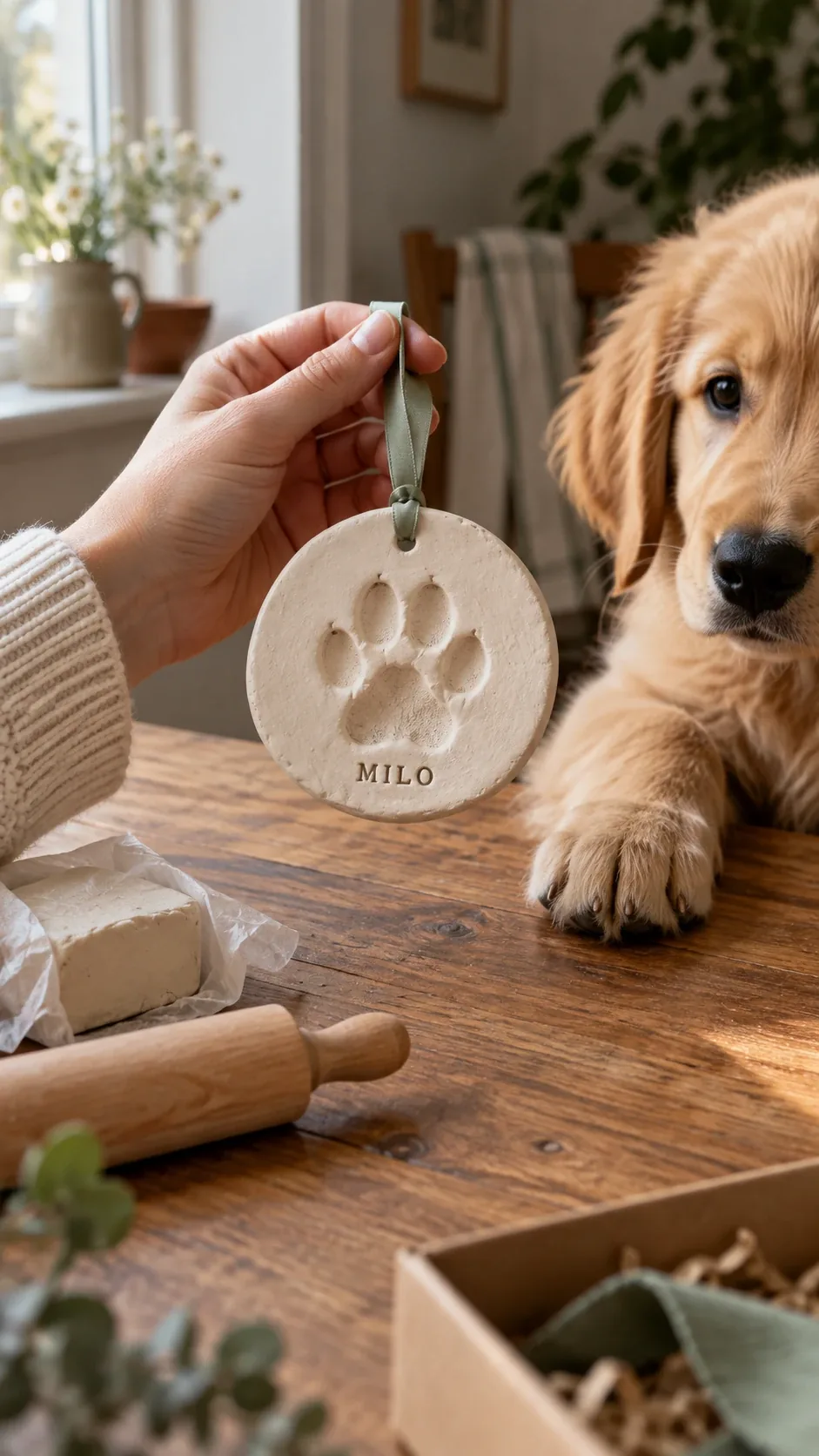 Handmade clay paw print ornament with a dog's name, next to the dog's paw