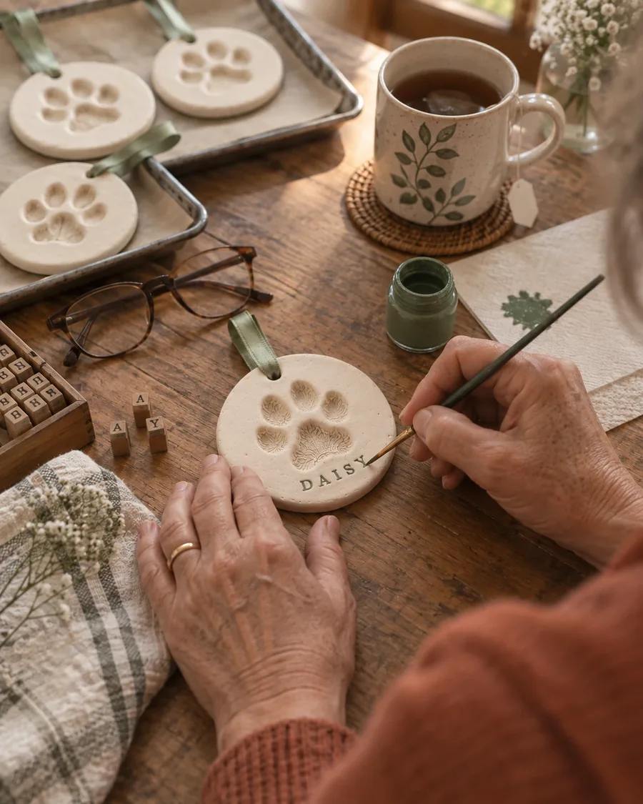 Woman at her kitchen table painting a name on a clay paw keepsake