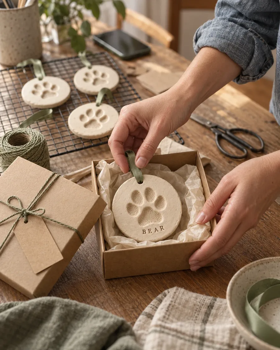 Wrapping a handmade clay paw print ornament to sell