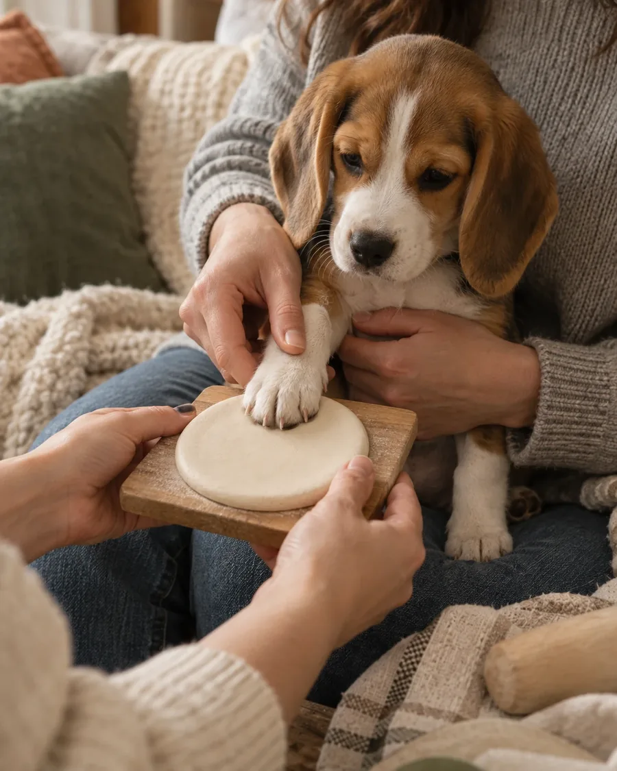 A puppy's paw pressed gently into soft white clay